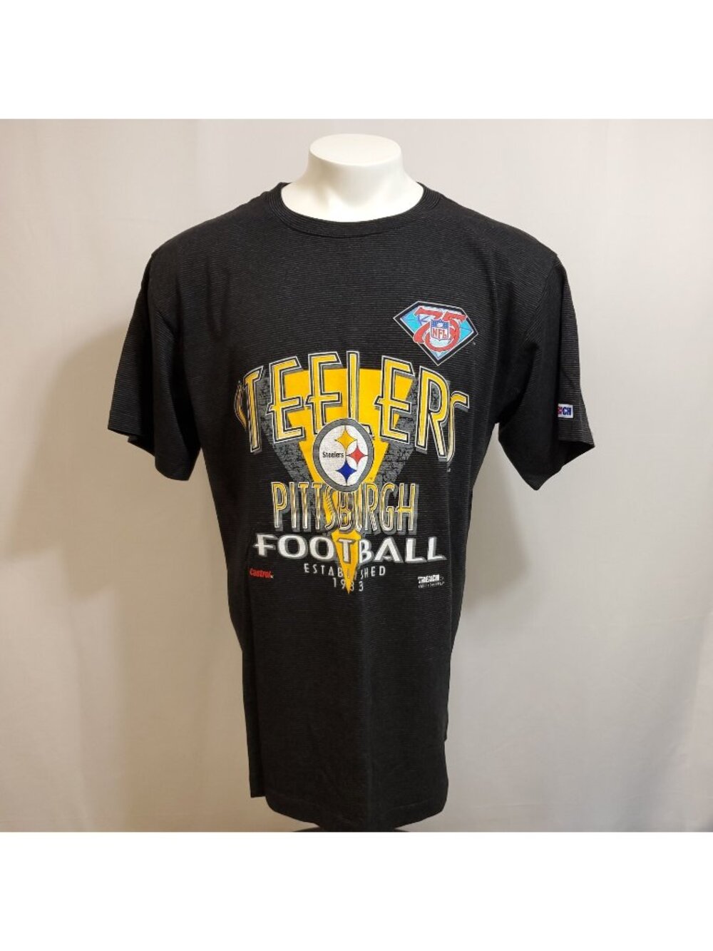 VTG Pittsburgh Steelers Trench Ultra Single Stitch Tee-Shirt Mens XL Black 1994